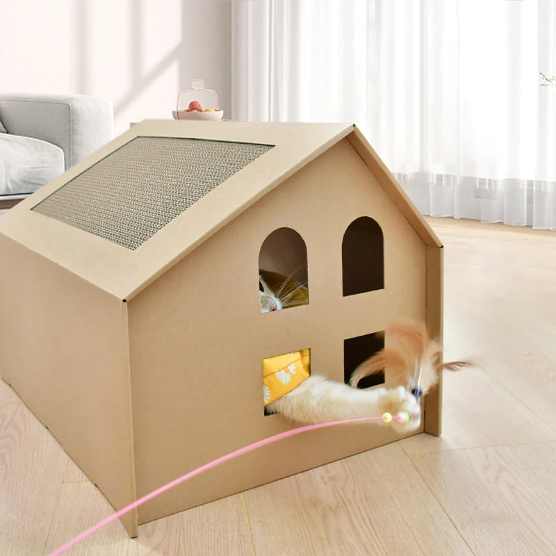 Cardboard Rabbit House with Scratch Pad